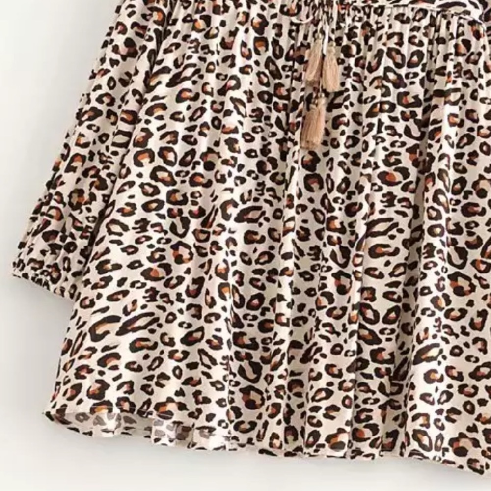 Boho Leopard Print Peasant Tunic Print Dress - Picture 4 of 6